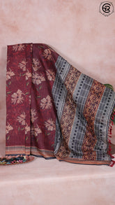 Sangria Red and Black Contemporary Floral Summer Cotton Saree